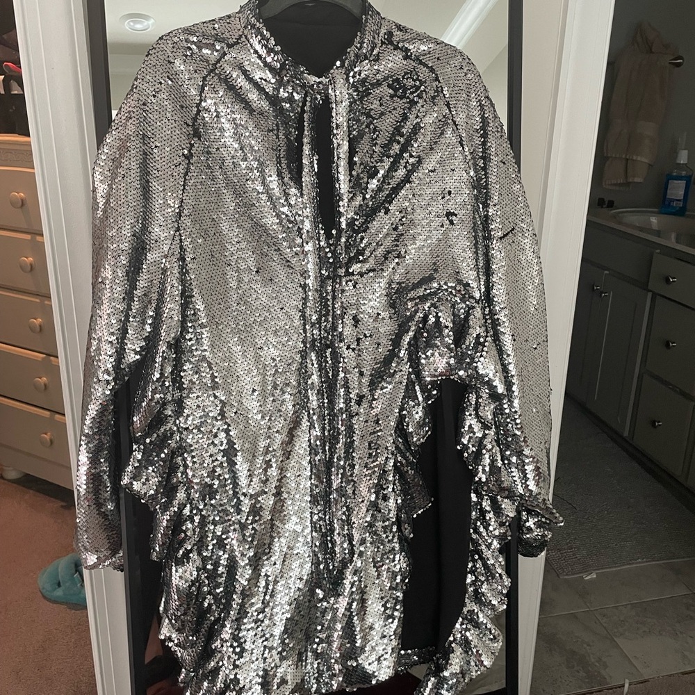 Sequin mock neck ruched thigh high split dress